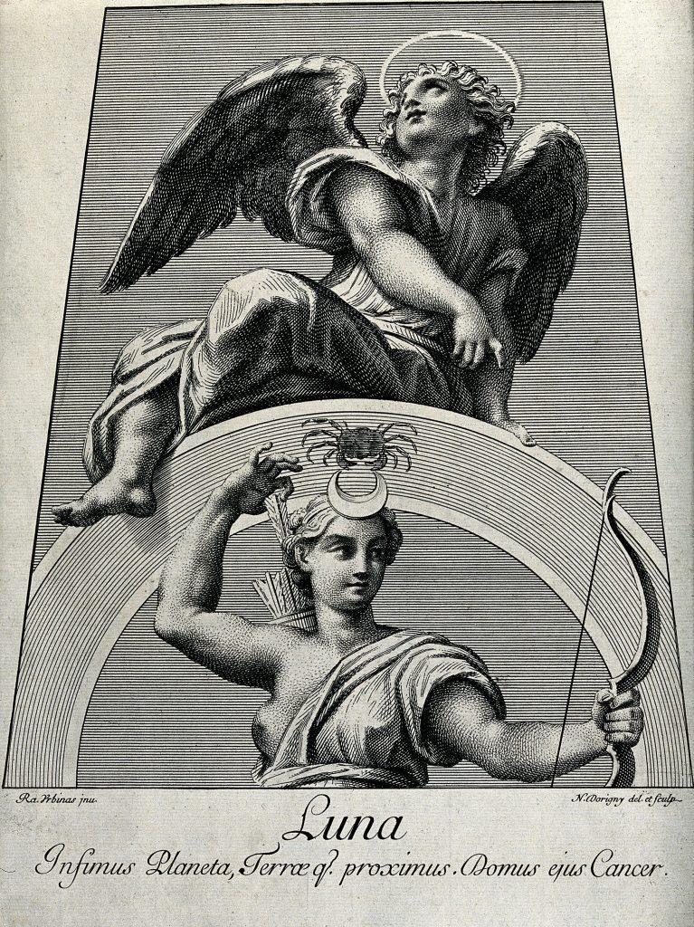 V0024874 Astronomy: Diana, as Moon goddess, an angel above looking he Credit: Wellcome Library, London. Wellcome Images images@wellcome.ac.uk http://wellcomeimages.org Astronomy: Diana, as Moon goddess, an angel above looking heavenward. Engraving by N. Dorigny, 1695, after Raphael, 1516. 1695 By: Raphaelafter: Nicolas DorignyPublished: 1695 Copyrighted work available under Creative Commons Attribution only licence CC BY 4.0 http://creativecommons.org/licenses/by/4.0/